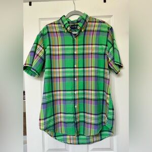 Ralph Lauren blue label green plaid cotton button up short sleeve shirt size L